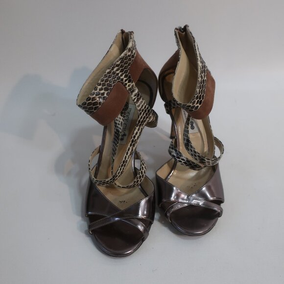 Authentic Jimmy Choo Pewter Python Suede Metallic Strap Ankle Zip Heels 39 US/9 - Picture 3 of 16